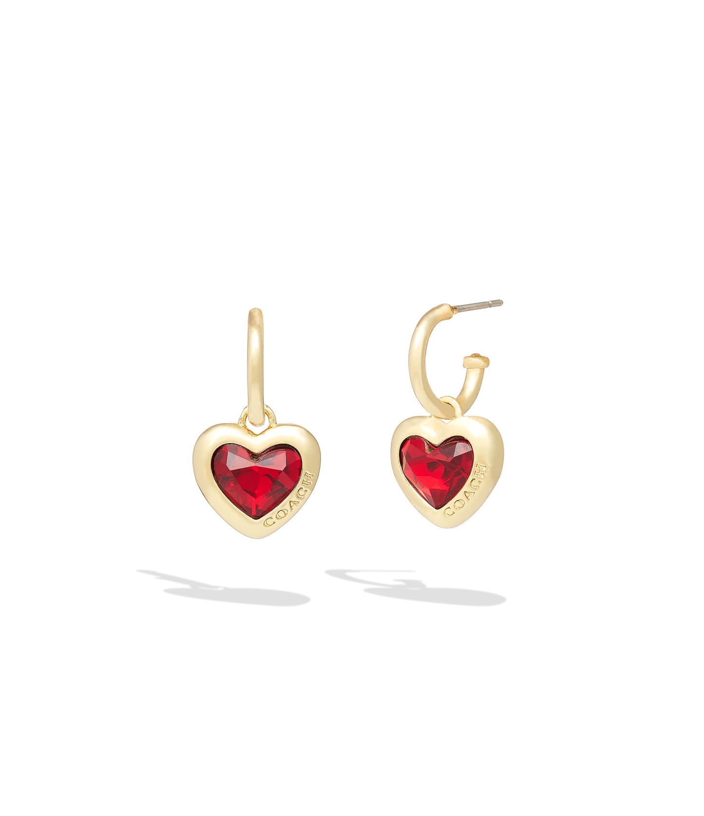 37422731GLD-Heart Charm Huggies-Red Crystal/Gold