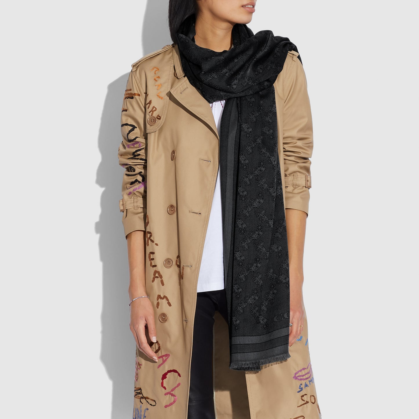 C2501-Horse And Carriage Print Jacquard Stole-Black