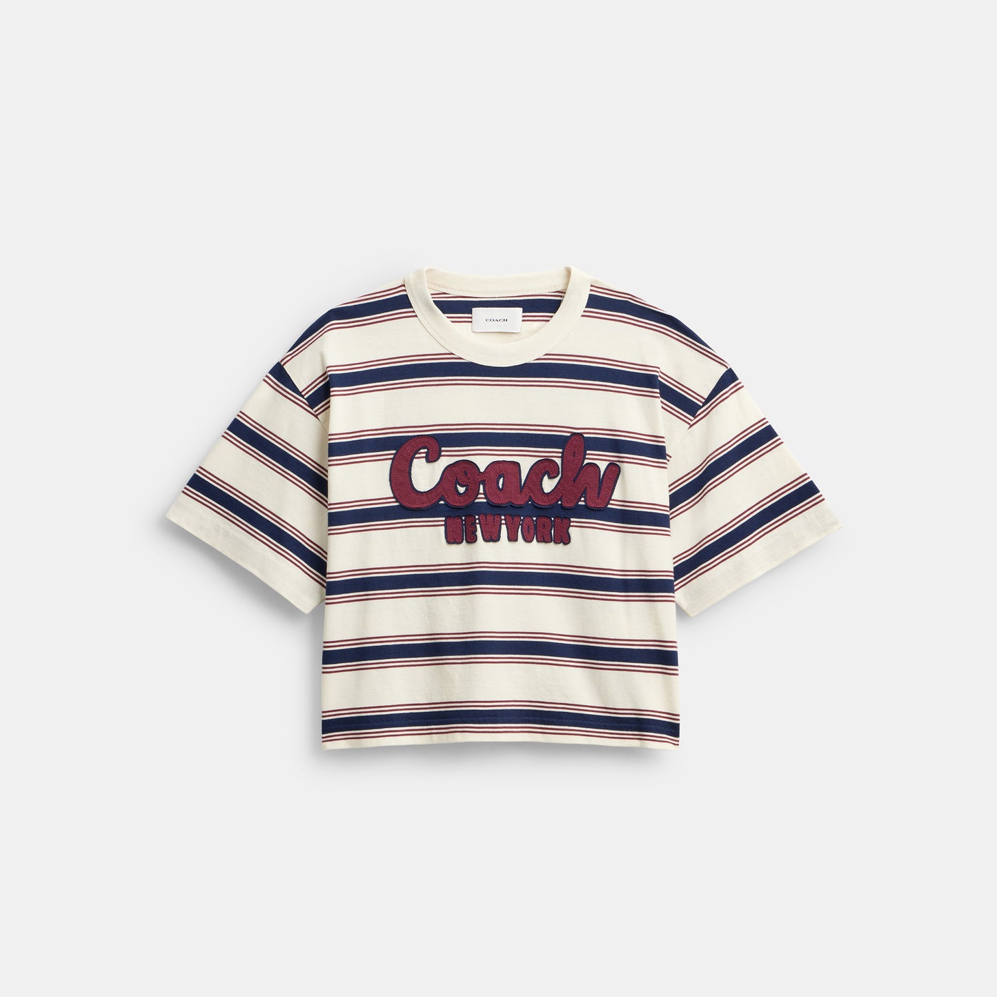 CAH60-Cursive Coach Striped Cropped T-Shirt-Cream Multi