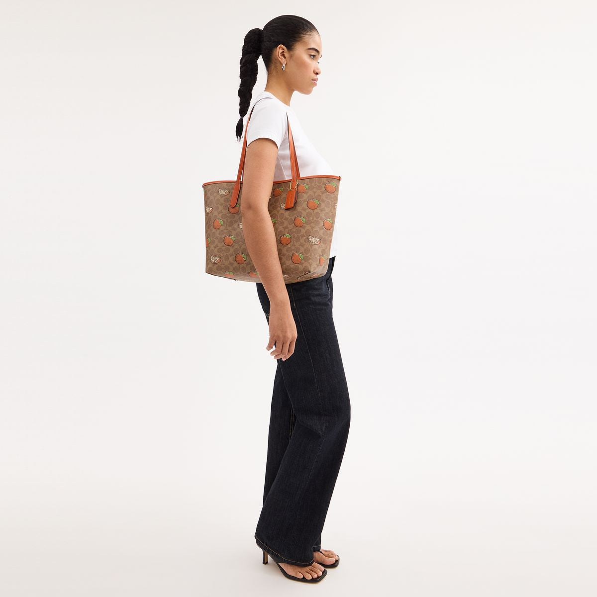 CAL74-City Tote Bag In Signature Canvas With Orange Print-Im/Tan Multi