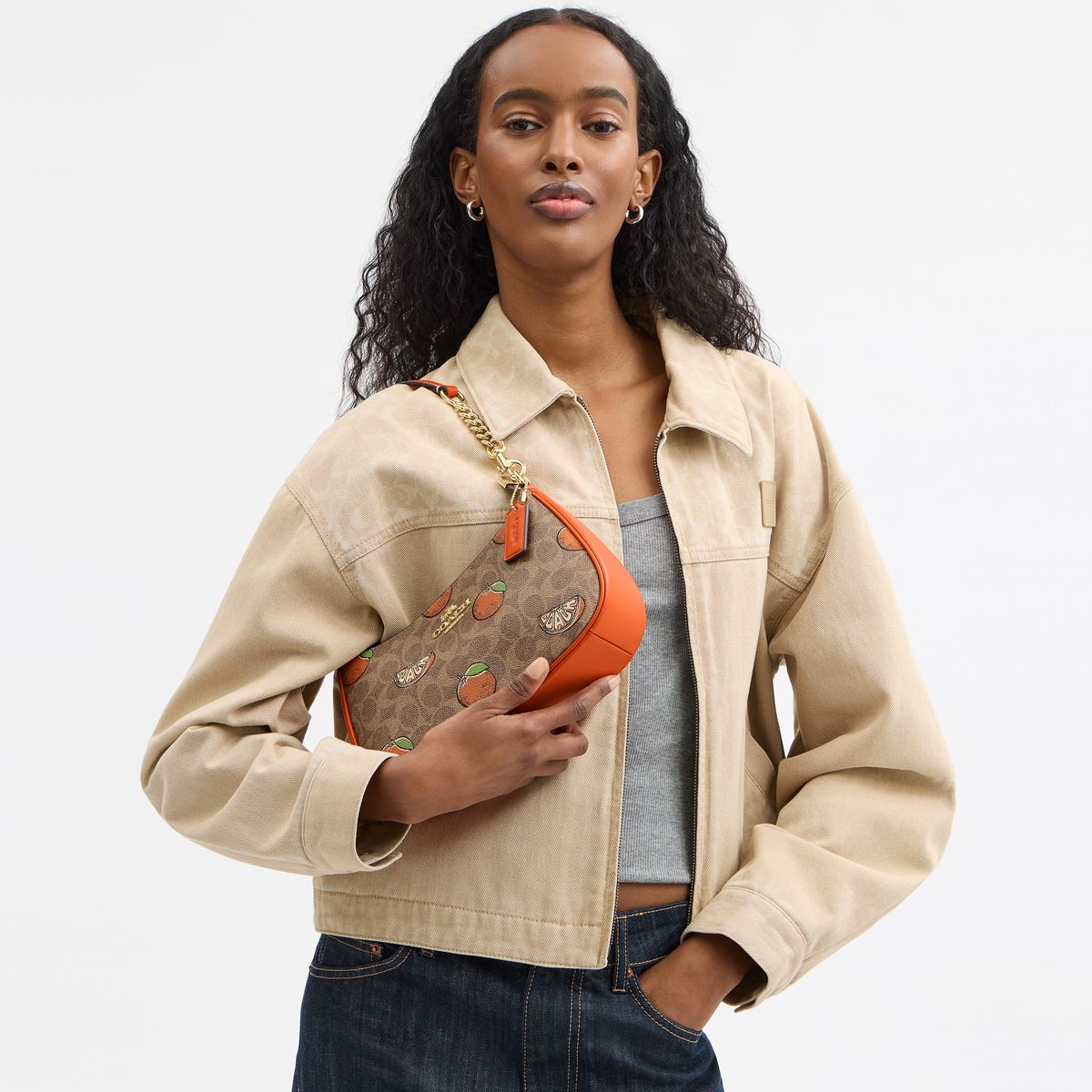 CAL80-Teri Shoulder Bag In Signature Canvas With Orange Print-Im/Tan Multi