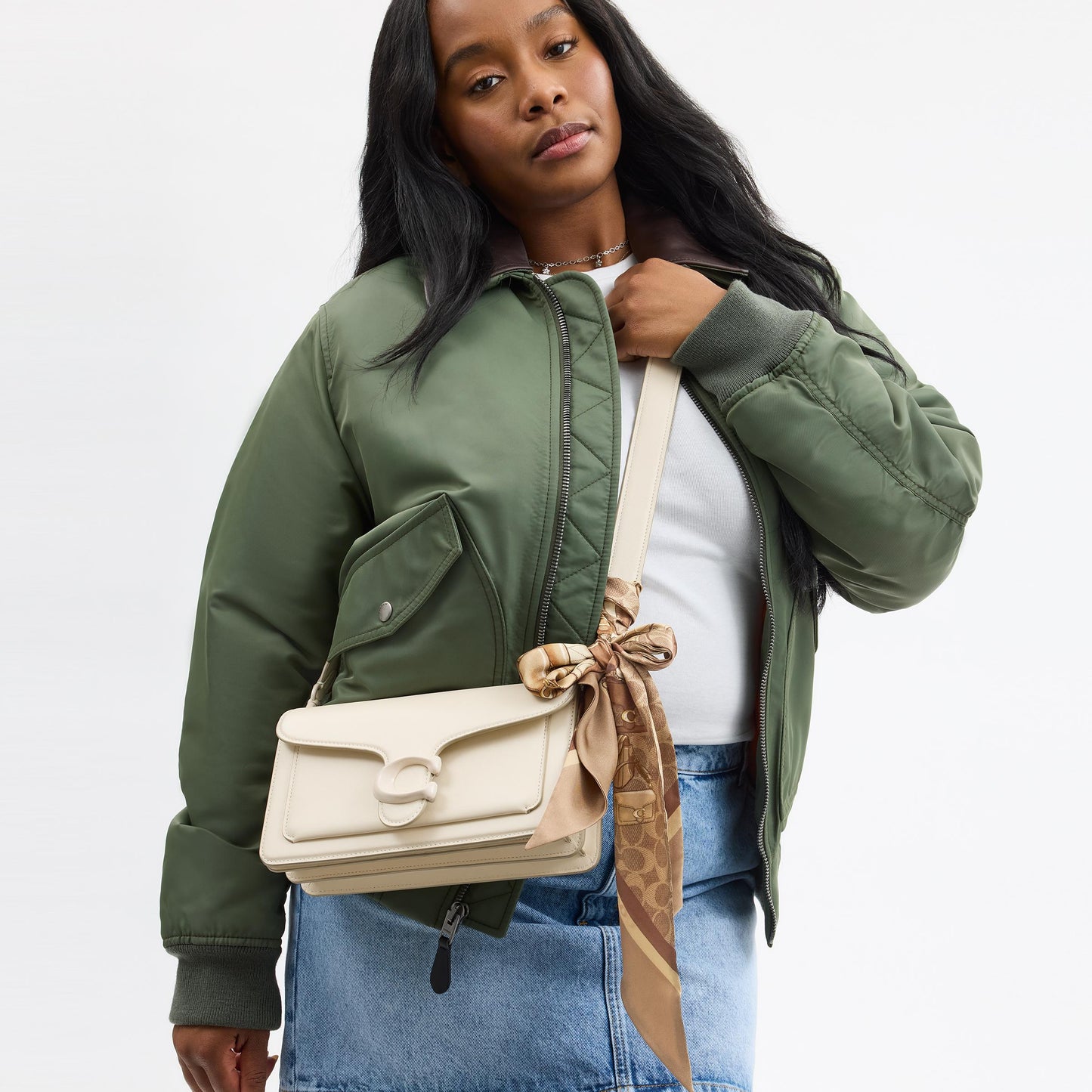 29CAS77-Stacked Tabby Printed Wide Silk Skinny-Tan