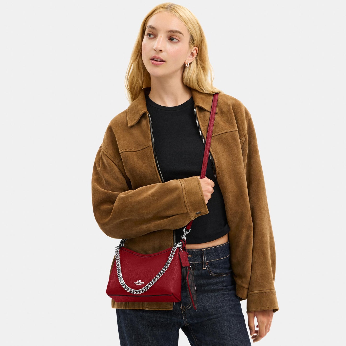 CBI06-Laurel Small Shoulder Bag With Mirror Charm And Pouch-Sv/Dark Cardinal/Walnut