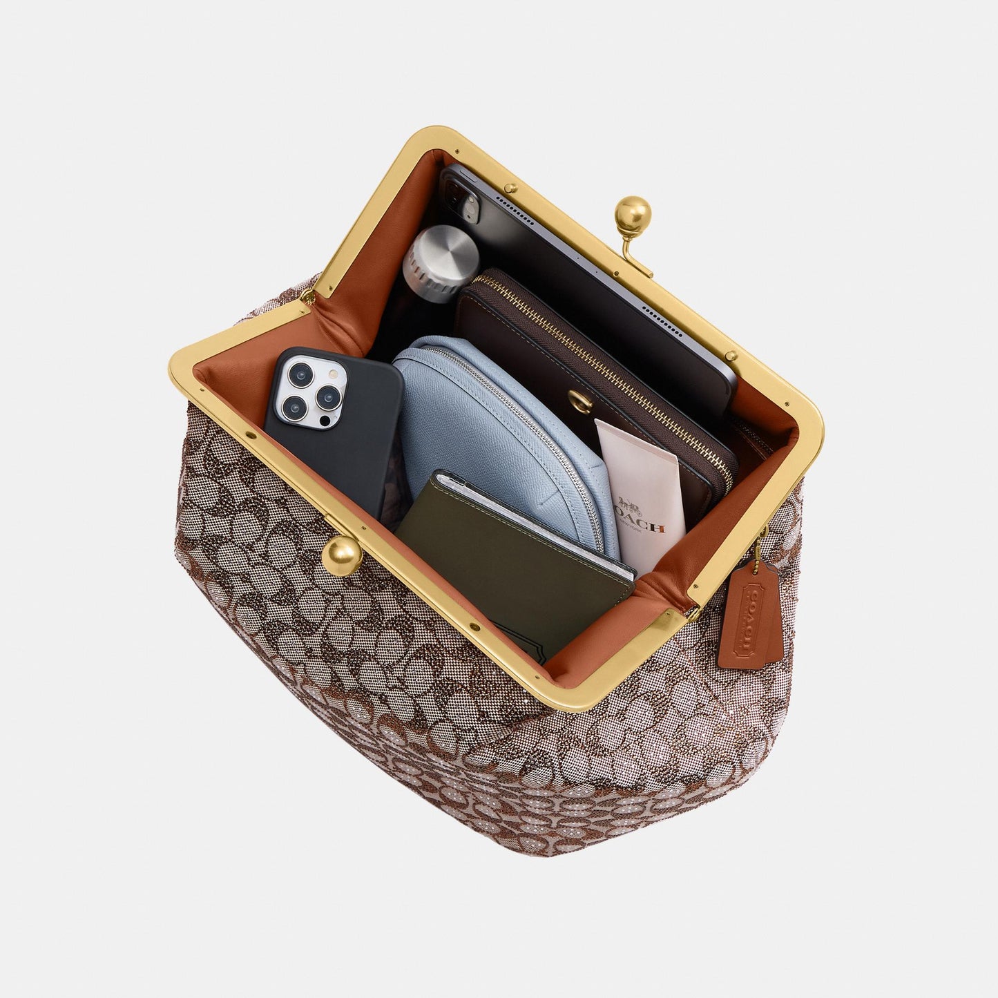 CCE08-Large Kisslock Frame Bag In Crystal Signature Jacquard-B4/Burnished Amber