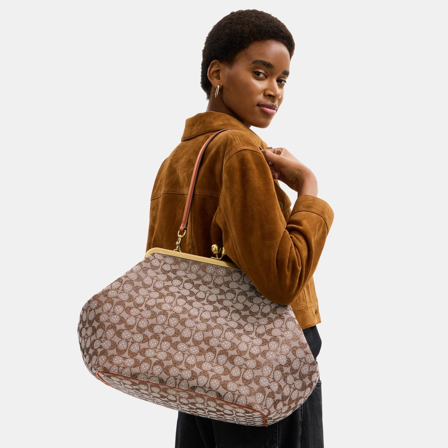 CCE08-Large Kisslock Frame Bag In Crystal Signature Jacquard-B4/Burnished Amber