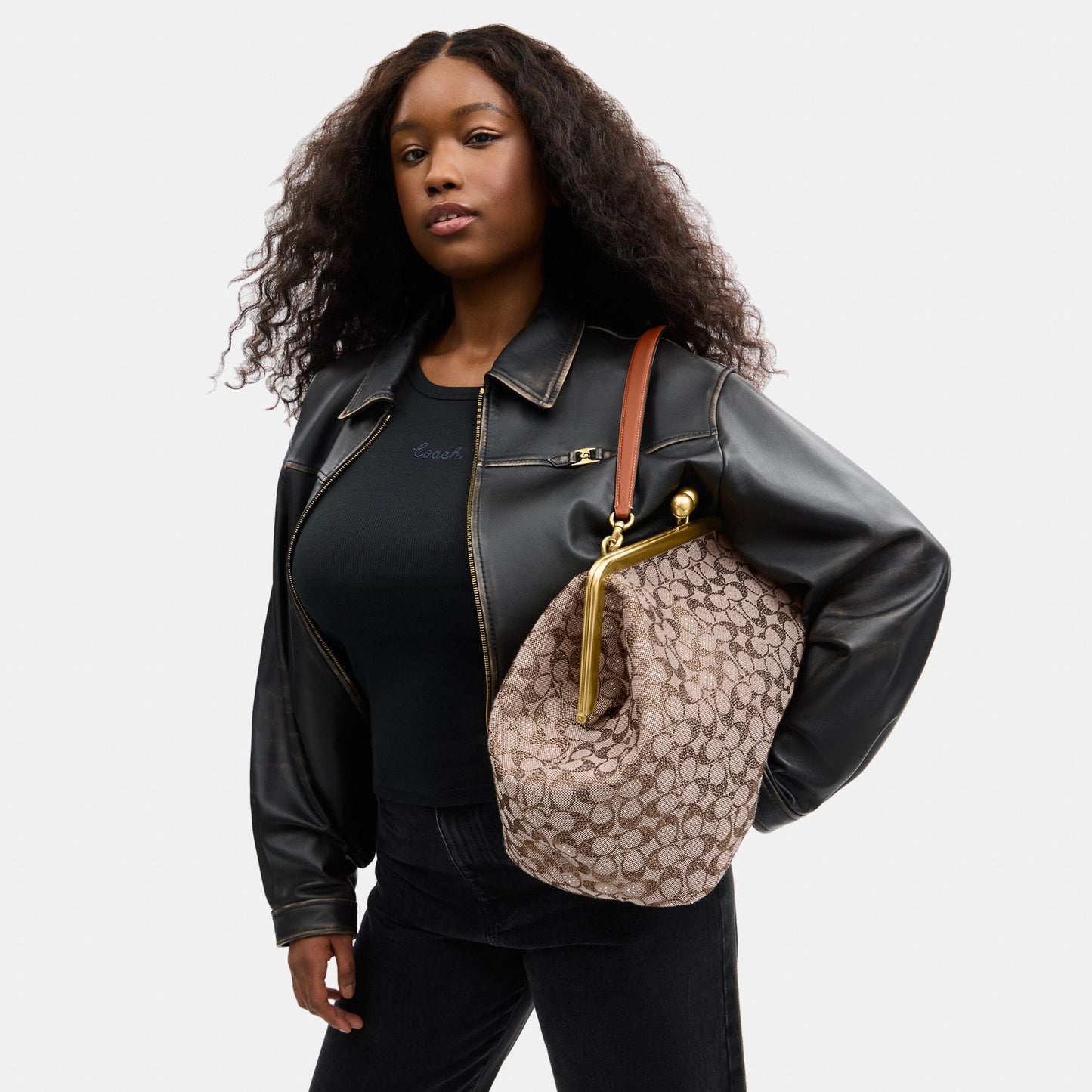 CCE08-Large Kisslock Frame Bag In Crystal Signature Jacquard-B4/Burnished Amber