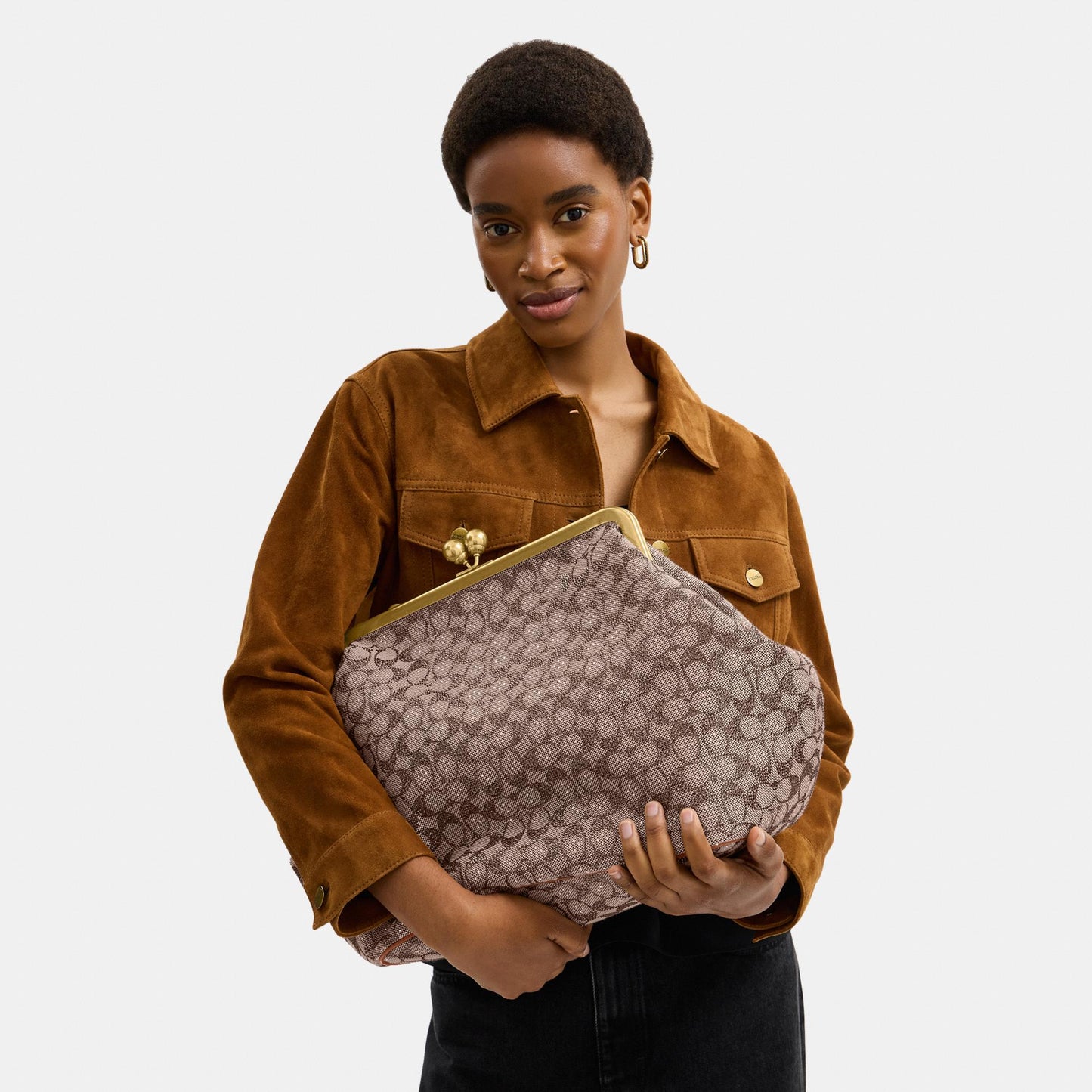 CCE08-Large Kisslock Frame Bag In Crystal Signature Jacquard-B4/Burnished Amber