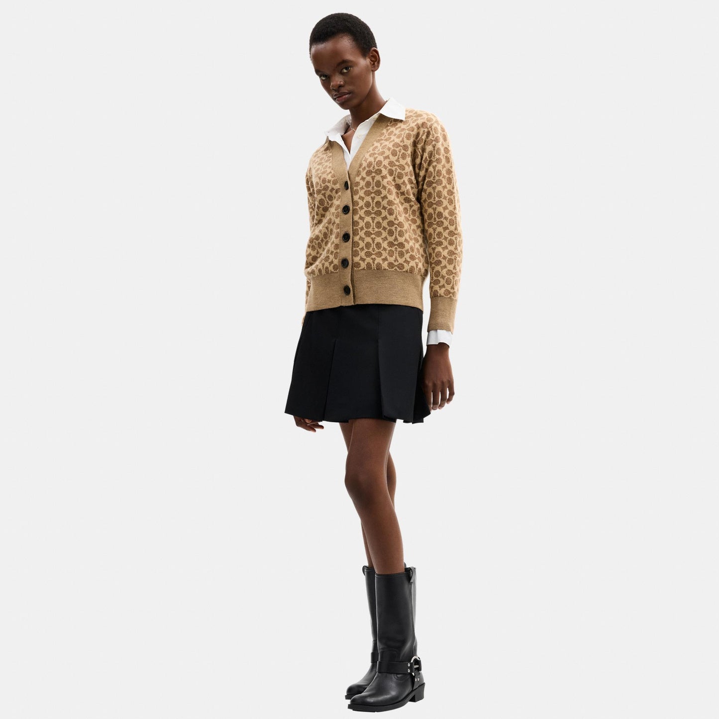 CCN37-Signature Relaxed V-Neck Cardigan-Tan Signature