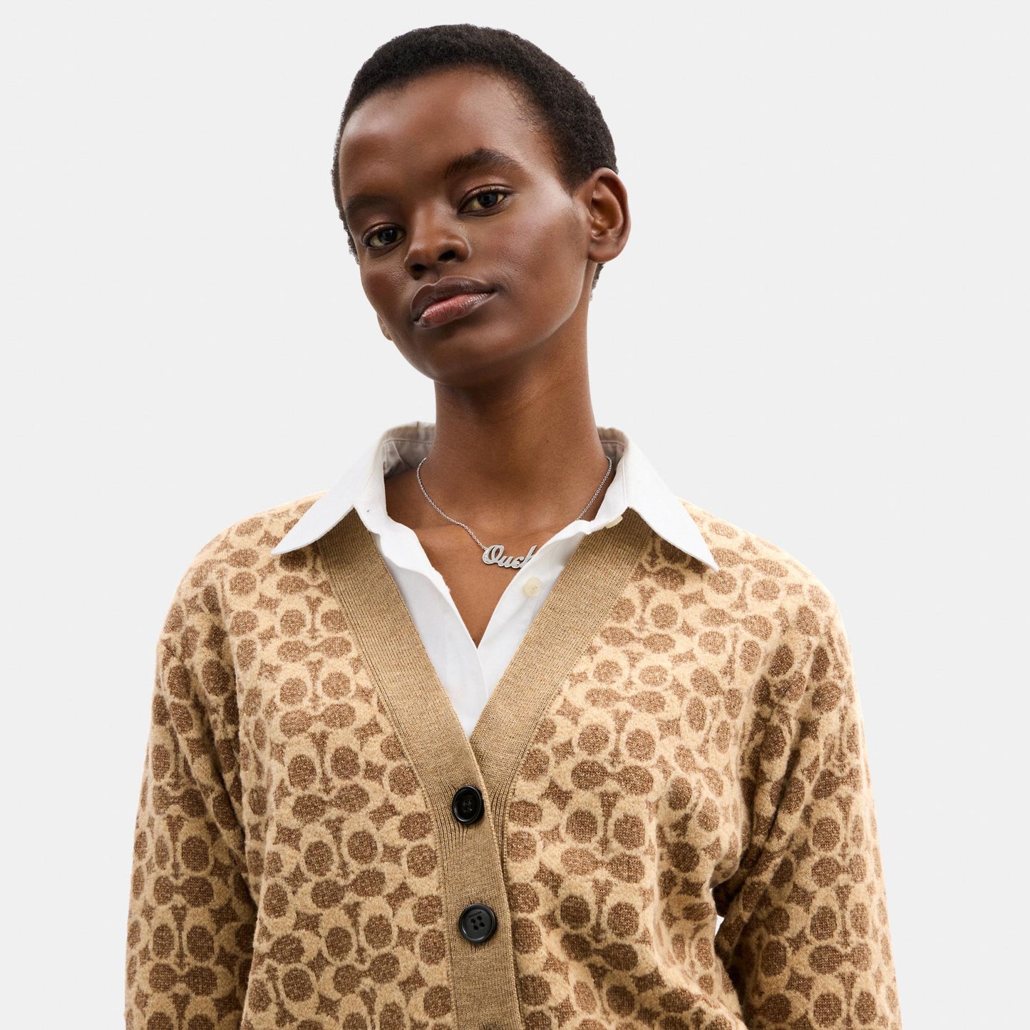 CCN37-Signature Relaxed V-Neck Cardigan-Tan Signature