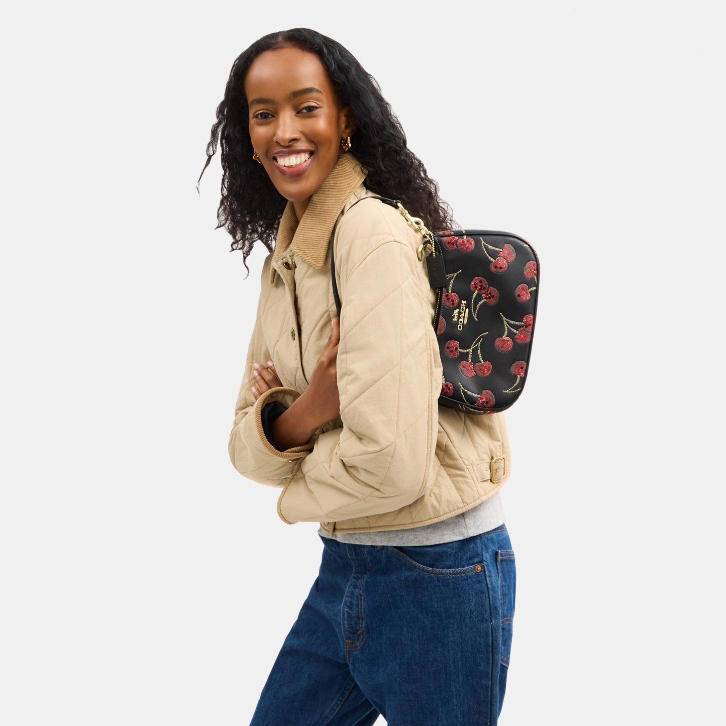 CCZ16-Teri Shoulder Bag with Cherry Print-Im/Black Multi