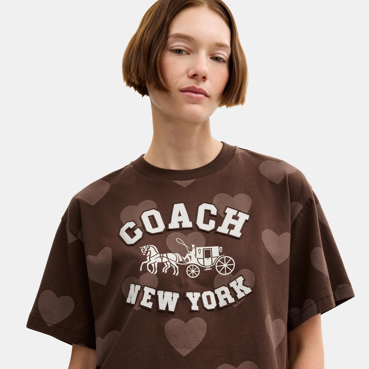 CDI34-Cropped Horse and Carriage Heart T Shirt-Brown