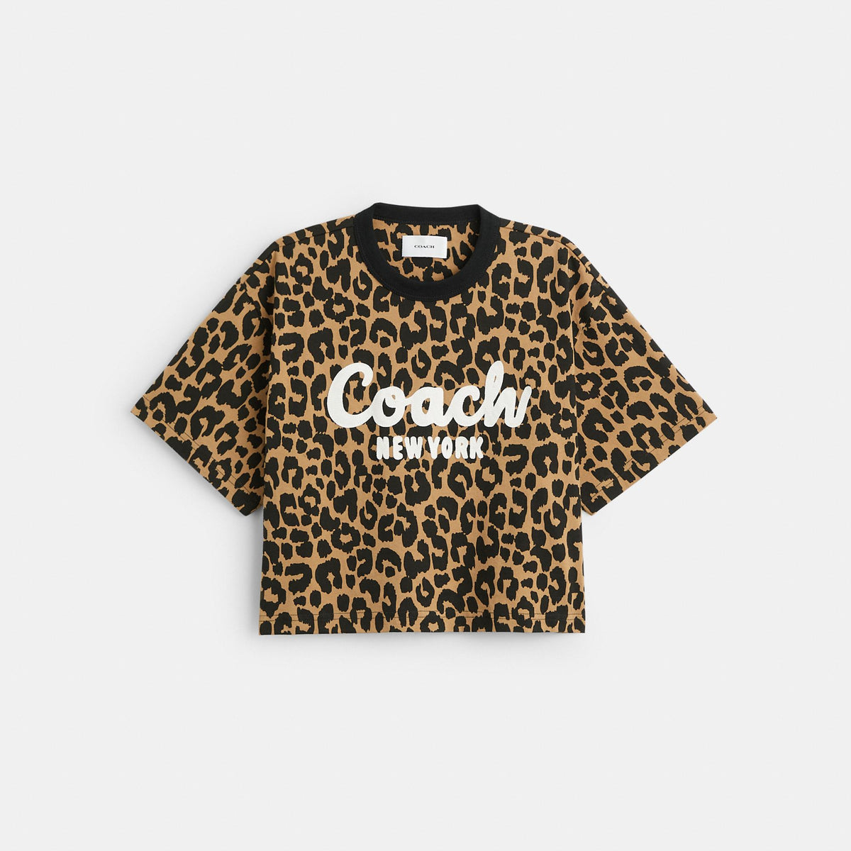 CQ308-Leopard Cursive Signature Cropped T-Shirt