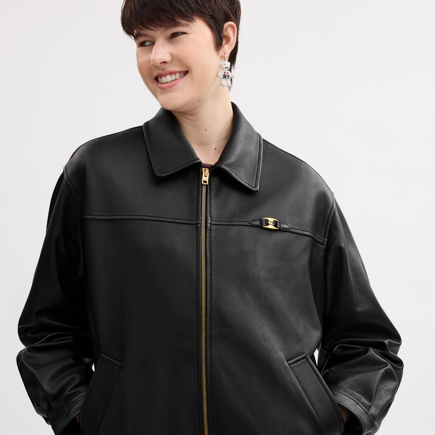 CX302-Heritage C Plaque Oversized Leather Jacket-Black
