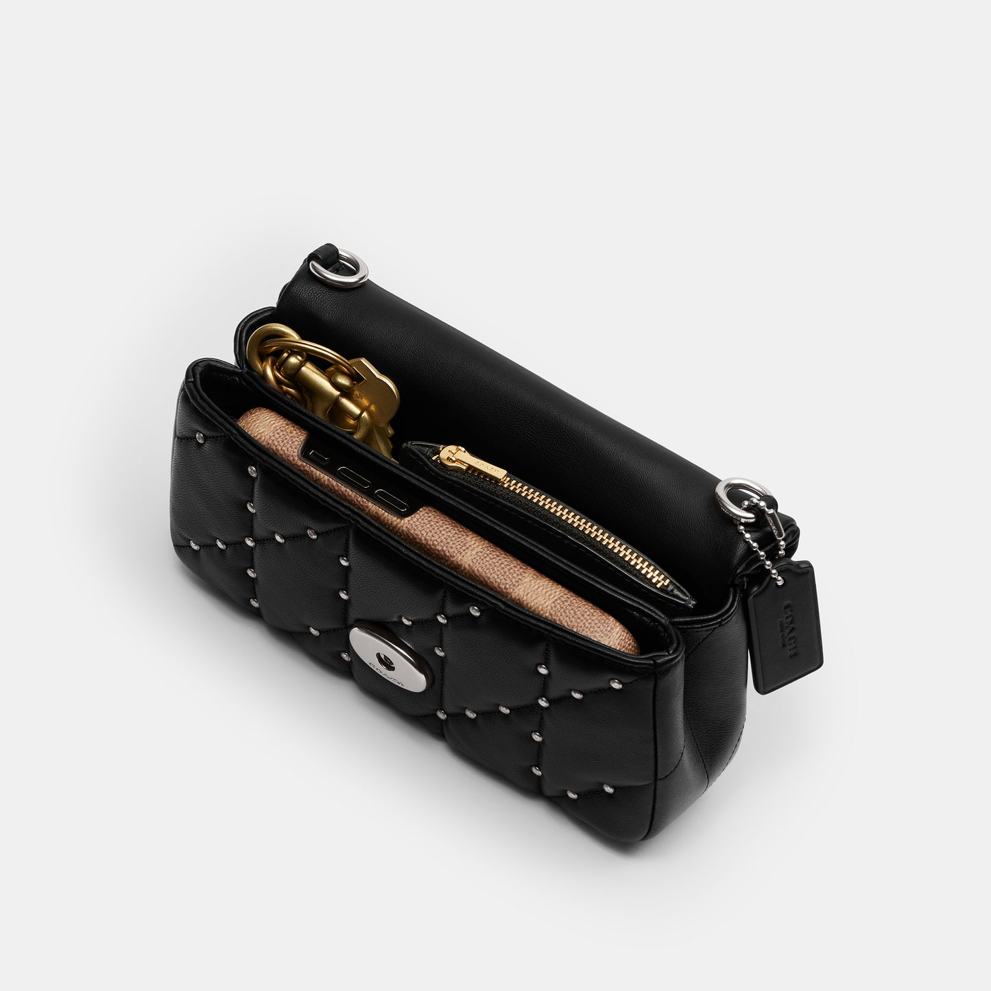 CZ522-Tabby Crossbody Wristlet With Pillow Quilting And Crystal Rivets-Lh/Black