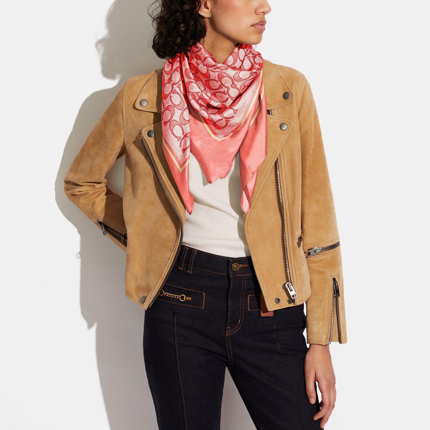 C2755-Vintage Signature Print Silk Square Scarf-CORAL