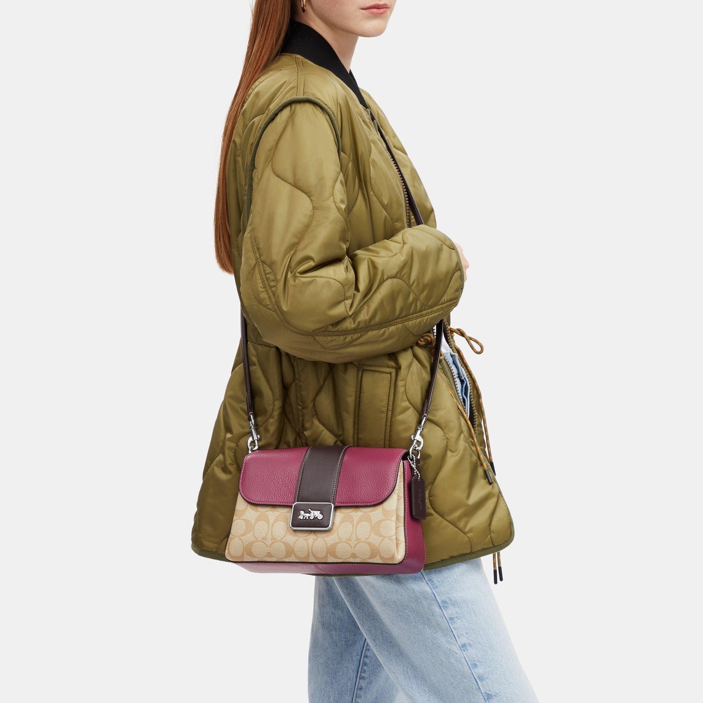 CJ633-Grace Shoulder Bag In Colorblock Signature Canvas-SV/Lt Khaki/Lt Raspberry Multi
