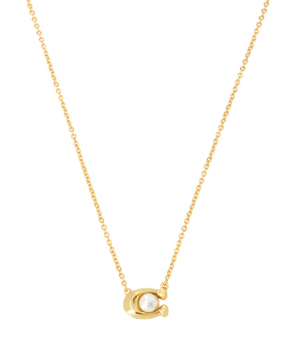 37341916GLD-Pearl Signature Pendant Necklace-White/Gold
