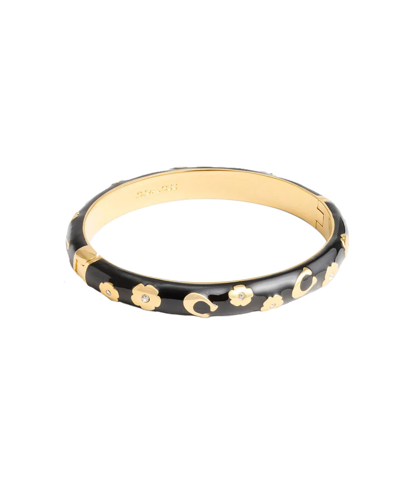 37469949GLD-Enamel Floral Bangle Bracelet-BLACK