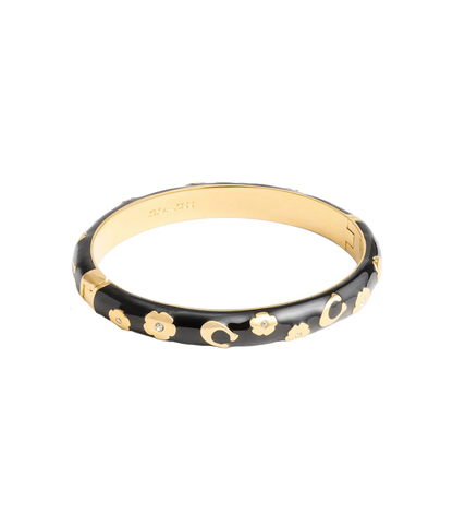 37469949GLD-Enamel Floral Bangle Bracelet-BLACK