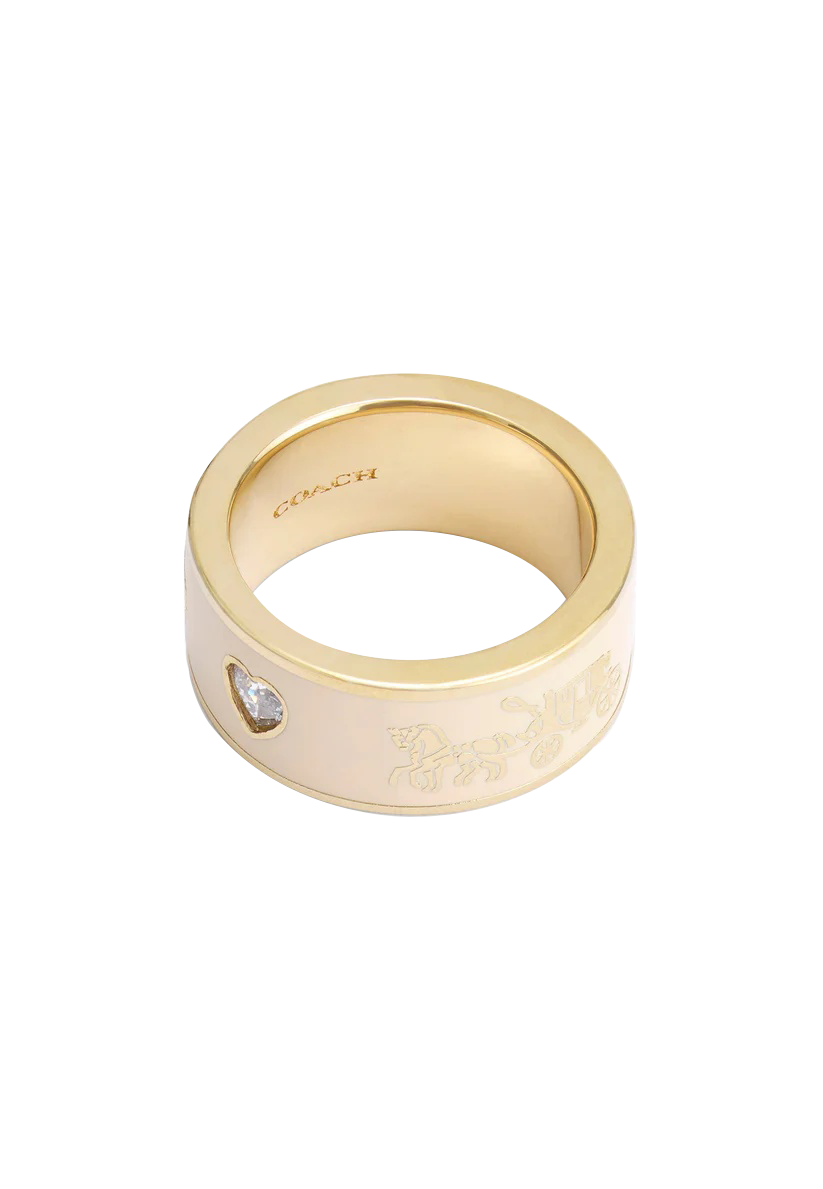 37479034GLD-Enamel Horse & Carriage Band Ring-White