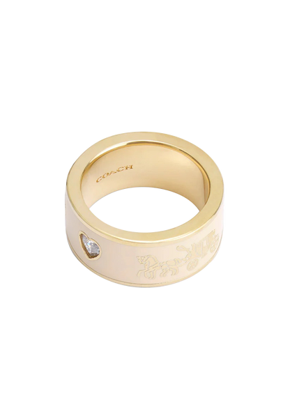 37479034GLD-Enamel Horse & Carriage Band Ring-White