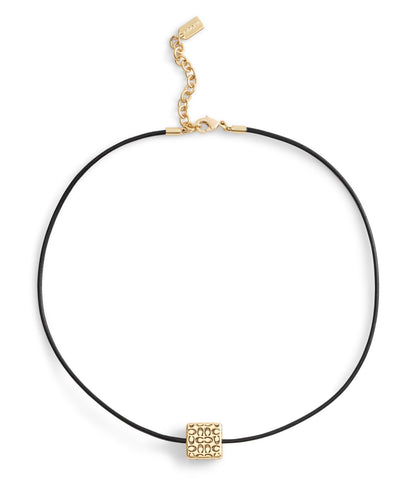 37506182GLD-Signature Quilted Cube Pendant Leather Necklace-Gold