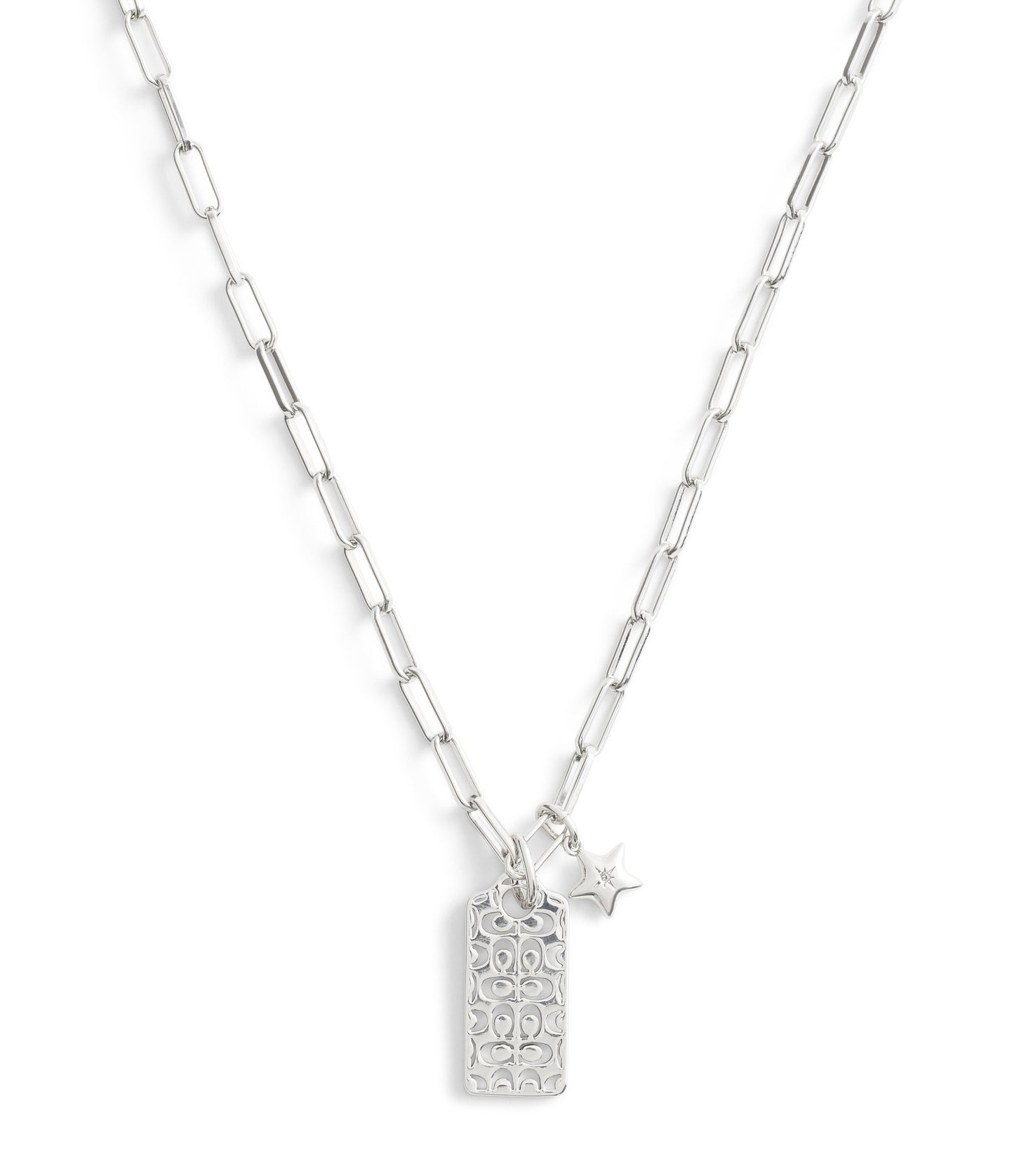 37541348RHO-Signature Quilted Cut Out Hangtag Pendant Necklace-Rhodium