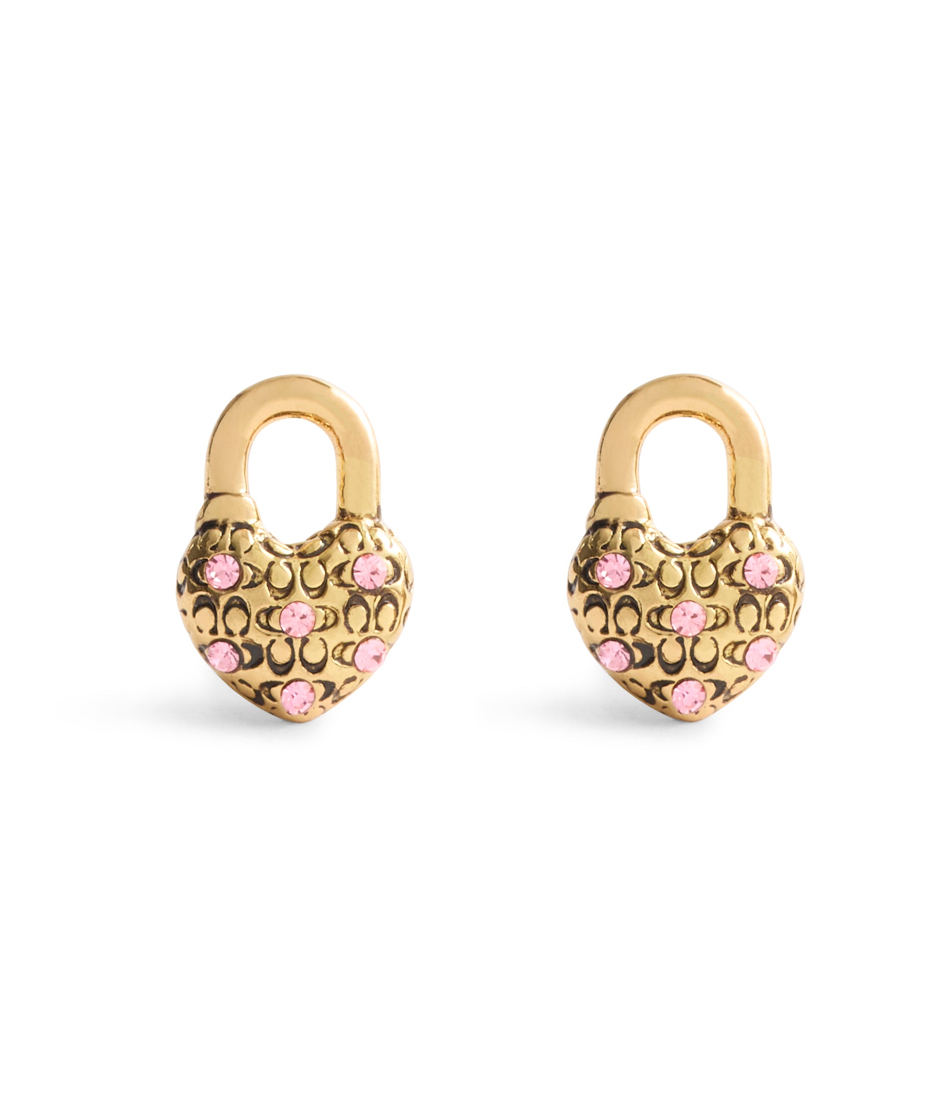 37559722GLD-Charming Charms Signature Heart Padlock Stud Earrings-Gold