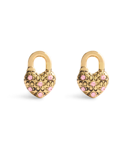 37559722GLD-Charming Charms Signature Heart Padlock Stud Earrings-Gold