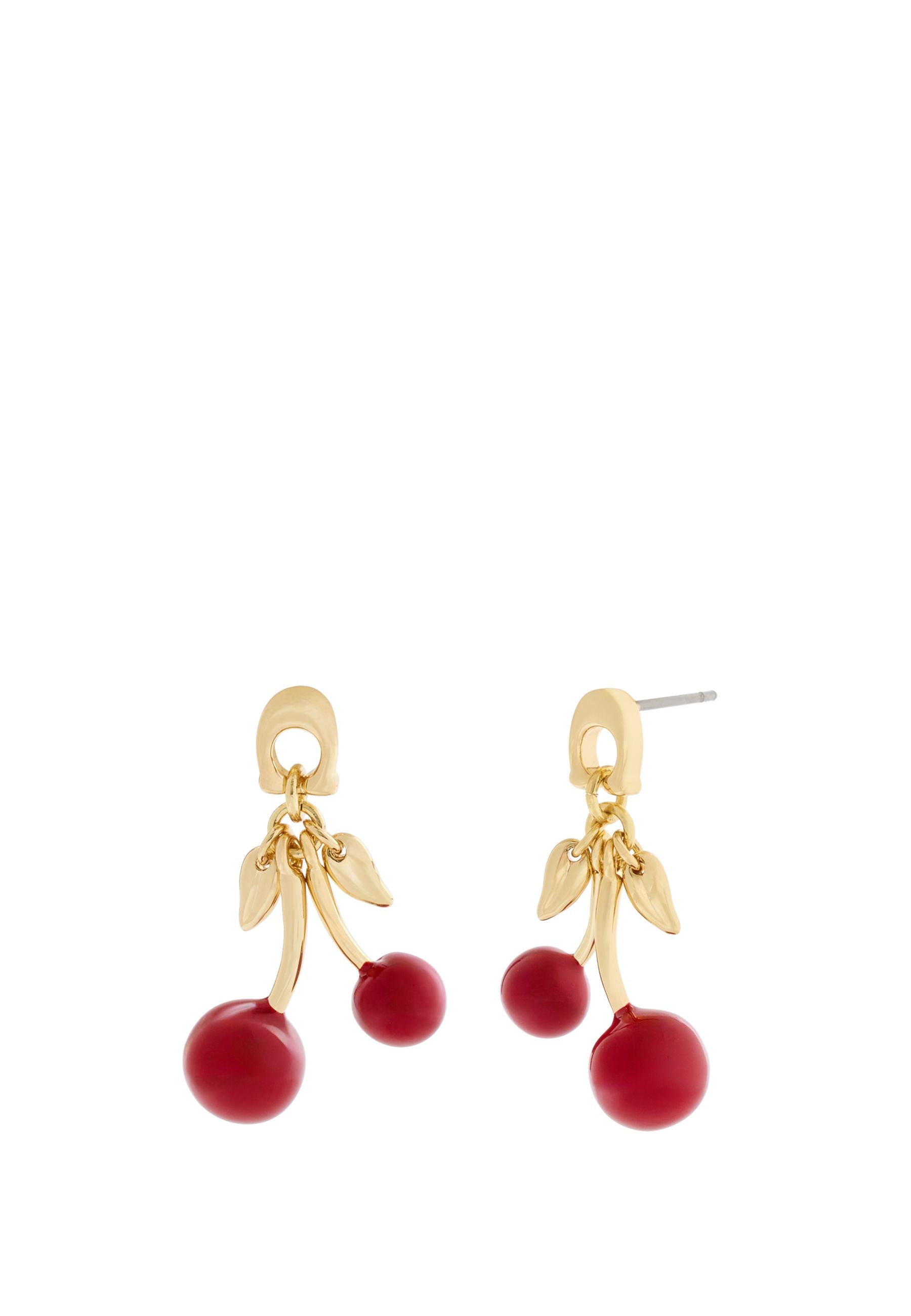 37571170GLD-C Enamel Cherry Drop Earrings-Red/Gold