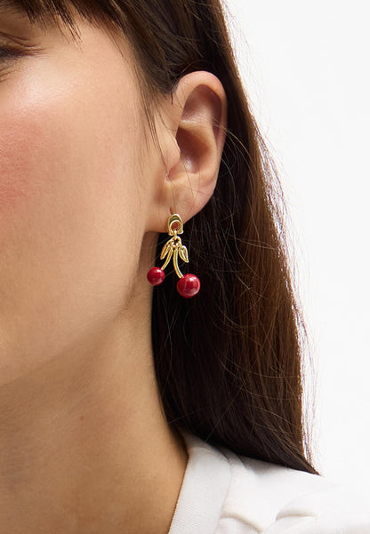 37571170GLD-C Enamel Cherry Drop Earrings-Red/Gold