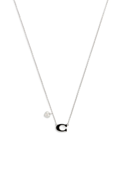 37571286RHO-Enamel C Heart Short Pendant Necklace-Black/Rhodium