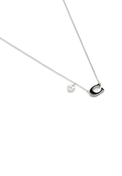 37571286RHO-Enamel C Heart Short Pendant Necklace-Black/Rhodium