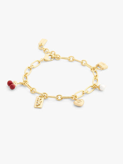 37571289GLD-Enamel Cherry Mixed Charm Bracelet-Red/Gold