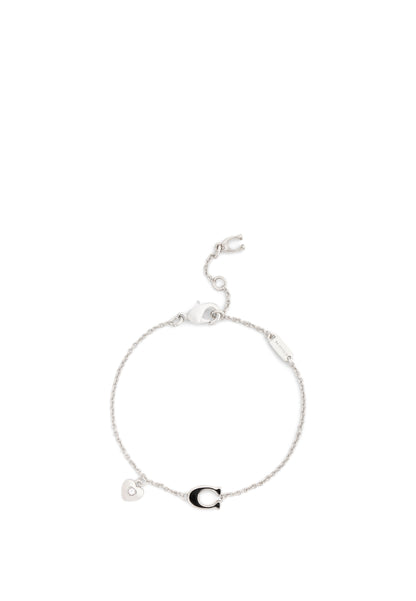 37571290RHO-Enamel C Heart Charm Flex Bracelet-Black/Rhodium