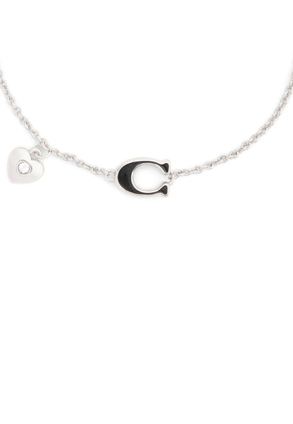 37571290RHO-Enamel C Heart Charm Flex Bracelet-Black/Rhodium