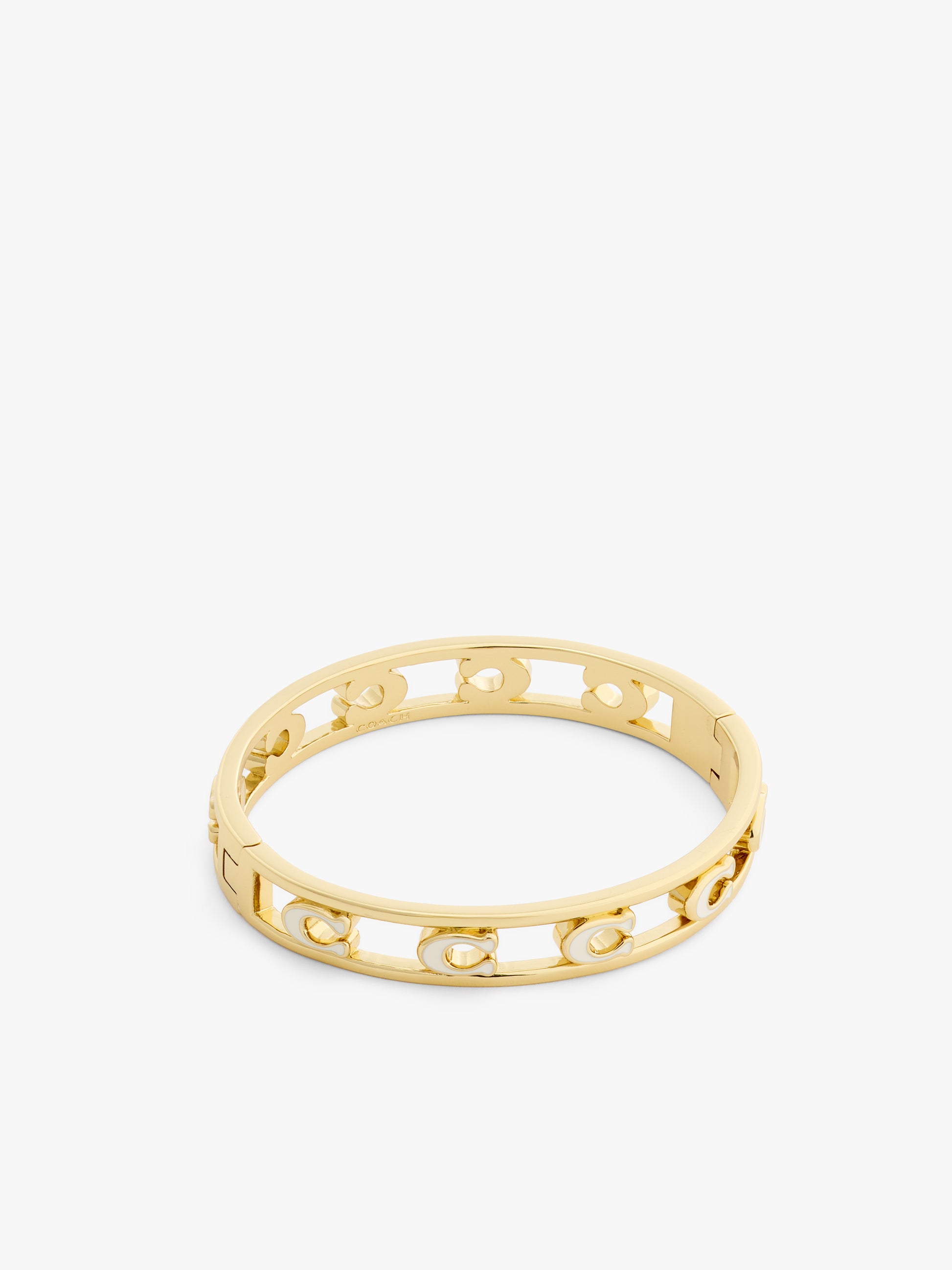 37571291GLD-Open Enamel C Hinged Bangle Bracelet-White/Gold