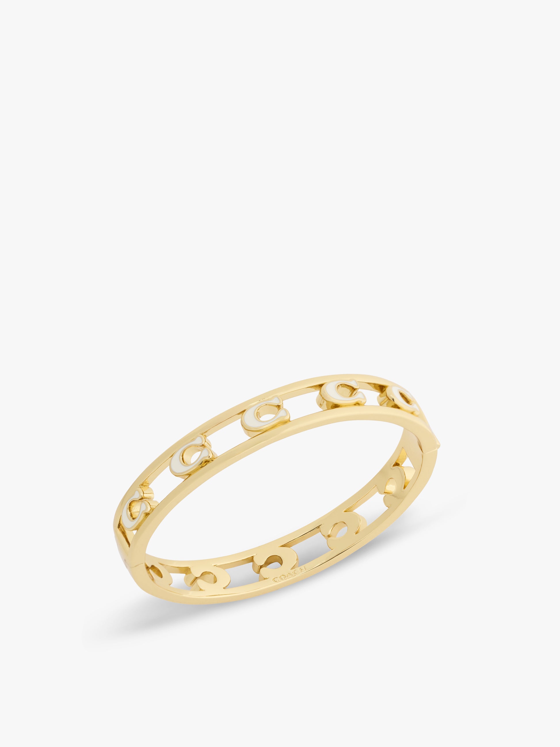 37571291GLD-Open Enamel C Hinged Bangle Bracelet-White/Gold