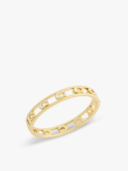 37571291GLD-Open Enamel C Hinged Bangle Bracelet-White/Gold