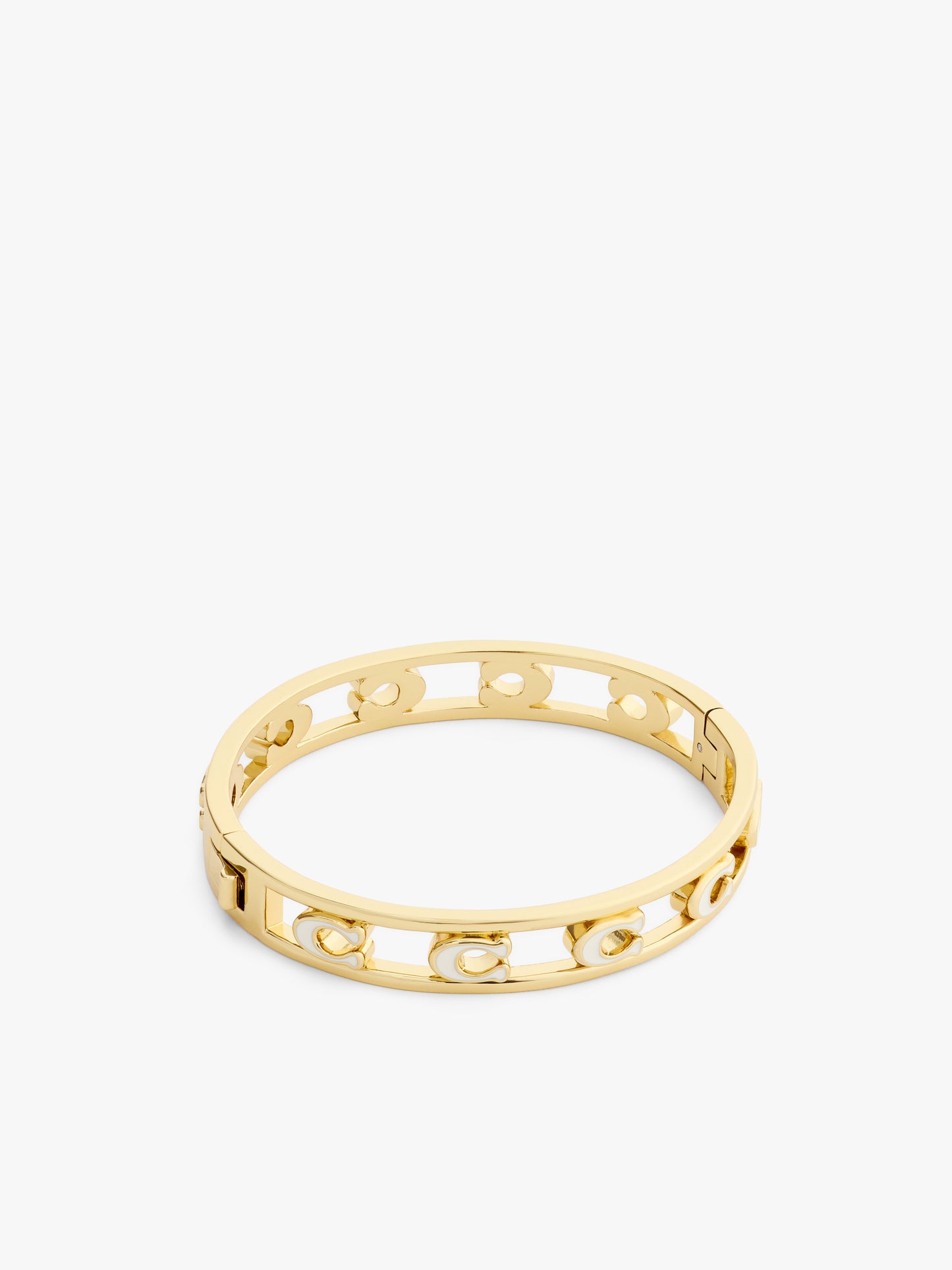 37571291GLD-Open Enamel C Hinged Bangle Bracelet-White/Gold