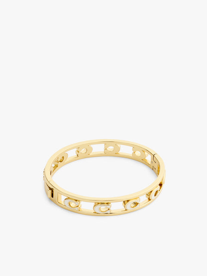 37571291GLD-Open Enamel C Hinged Bangle Bracelet-White/Gold