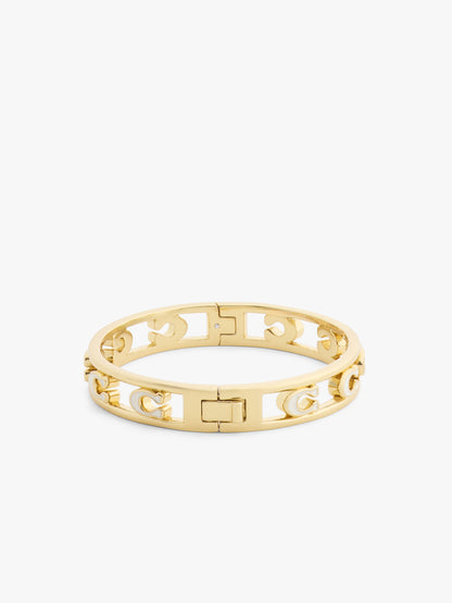 37571291GLD-Open Enamel C Hinged Bangle Bracelet-White/Gold