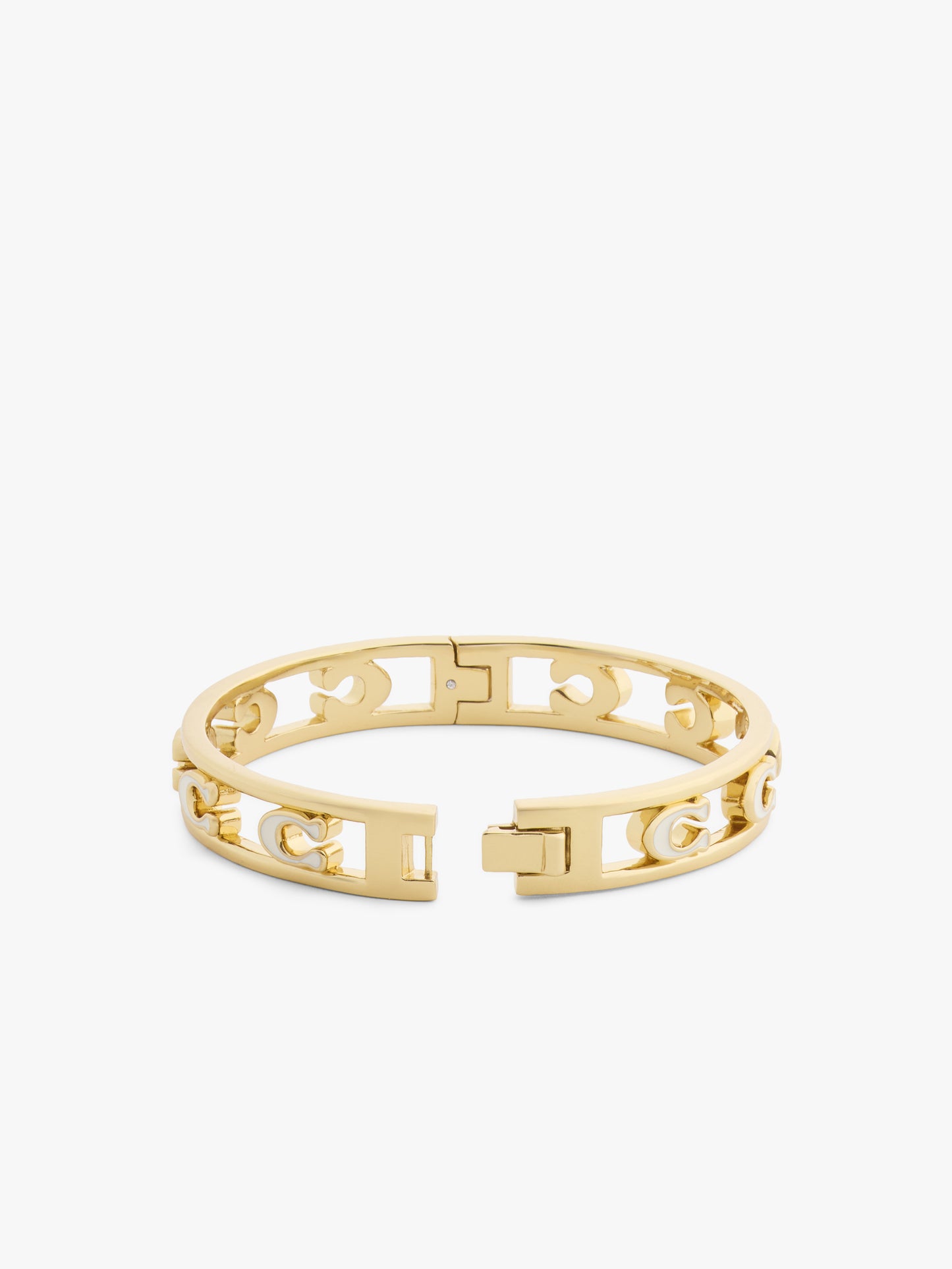 37571291GLD-Open Enamel C Hinged Bangle Bracelet-White/Gold