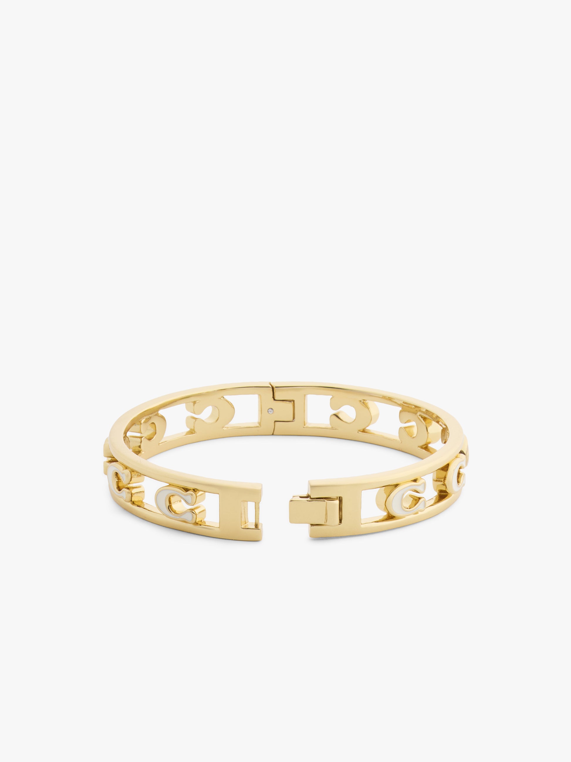 37571291GLD-Open Enamel C Hinged Bangle Bracelet-White/Gold