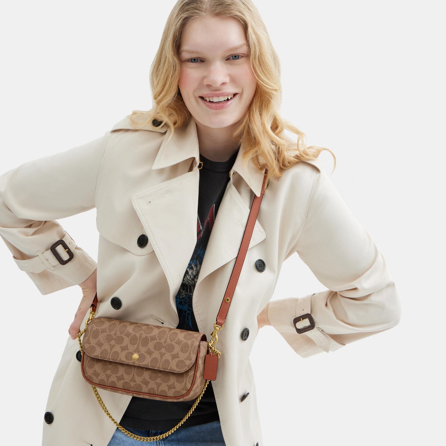 CAN91-Brook Flap Chain Bag in Signature Canvas-B4/Tan Caramel