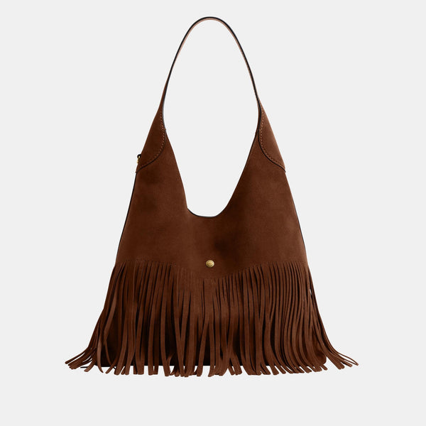 حقيبة كتف "بروكلين 39" من الشامواه مزينة بشرّابات 