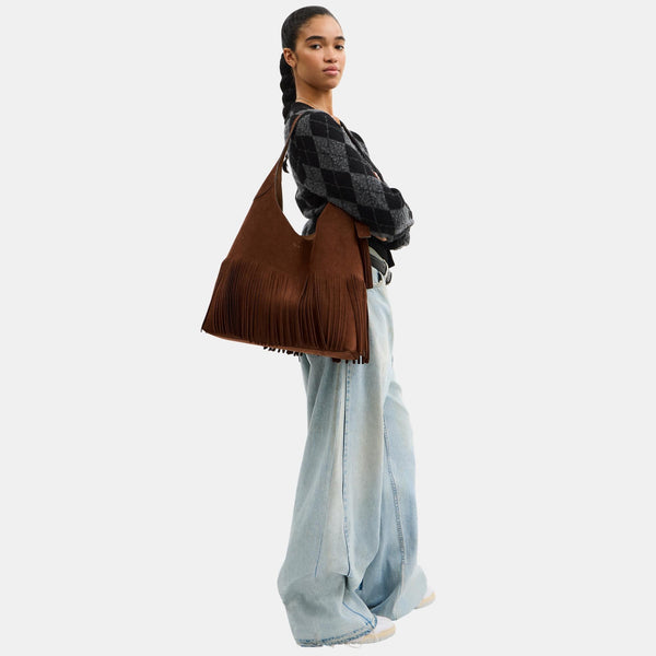 حقيبة كتف "بروكلين 39" من الشامواه مزينة بشرّابات 