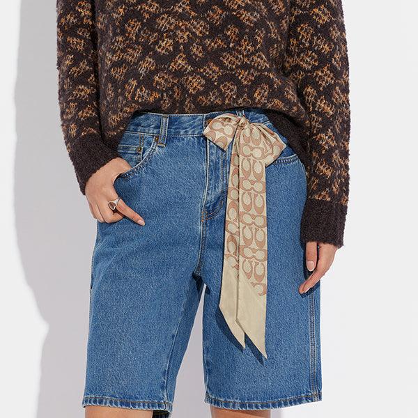 C2783-Vintage Signature Print Silk Skinny Scarf-Ivory.