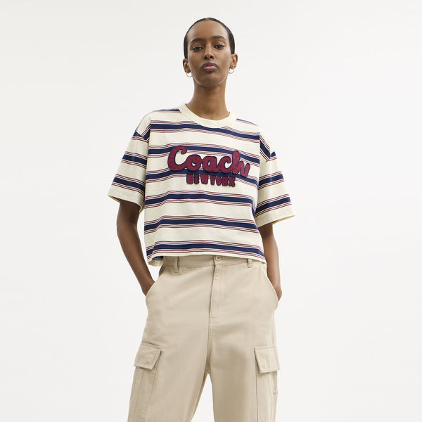 Cursive Coach Striped Cropped T-Shirt