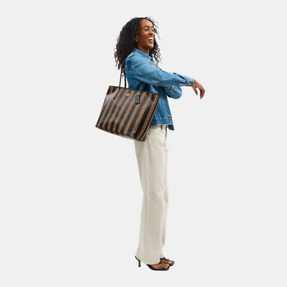CBI03-Large City Tote Bag In Signature Canvas With Stripe-Im/Walnut/Tan